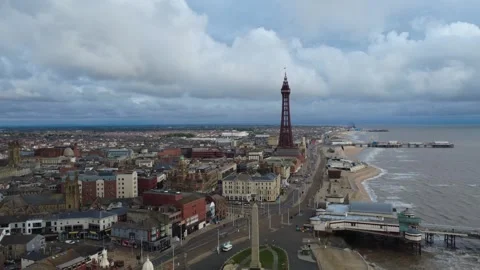 Aerial drone view of North Blackpool showing to coast with Blackpool tower Stock Footage 311651396