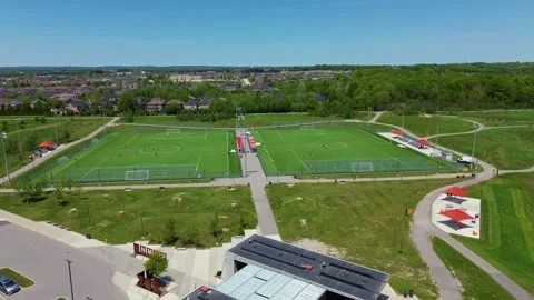 Aerial Drone View of North Maple Regional Park Soccer Fields in Vaughan Video stock 335798014