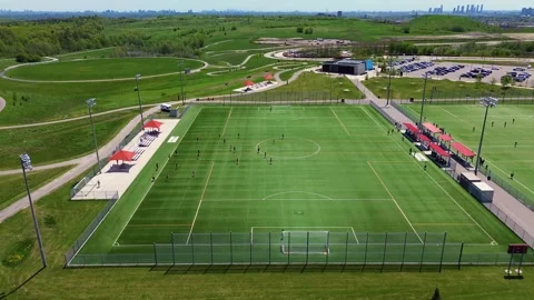Aerial Drone View of North Maple Regional Park Soccer Fields in Vaughan 스톡 동영상 335798025