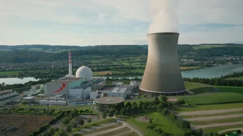 Aerial drone view of nuclear power plant and river Rhein in Germany Stock Footage 331527932