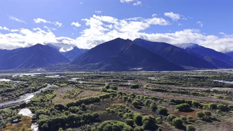 Aerial Drone View of Nyingchi Two-River Confluence and Autumn Landscape Video stock 340046217