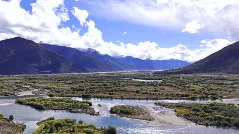 Aerial Drone View of Nyingchi Two-River Confluence and Autumn Landscape Stock Footage 340059162