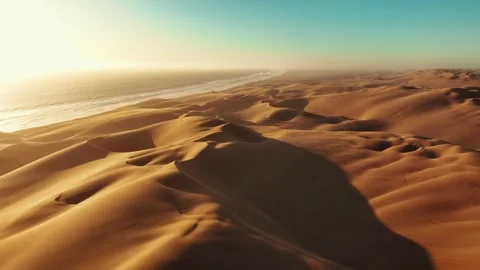 Aerial drone view of the ocean shore beaches next to the Namib dunes Stock Footage 299816632