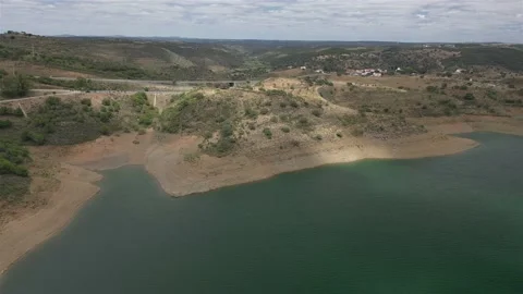 Aerial drone view of Odeleite Dam reservoir in Algarve, Portugal Stock Footage 132641782