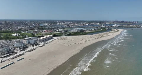Aerial drone view ofthe beach and coastline boulevard of Dunkirk, France. Stock Footage 249094423