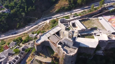 Aerial drone view of the old castle and fortress of the city of Gjirokaster.. Stock Footage 249179728