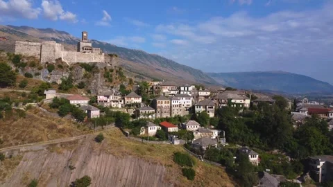 Aerial drone view of the old castle and fortress of the city of Gjirokaster.. Stock Footage 249180115