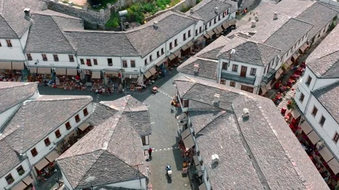 Aerial drone view of old quarters of Gjirokastër, Albania. Stock Footage 242998541