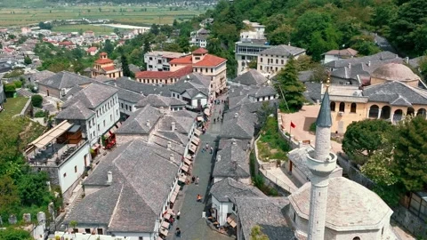 Aerial drone view of old quarters of Gjirokastër, Albania. Stock Footage 242998983