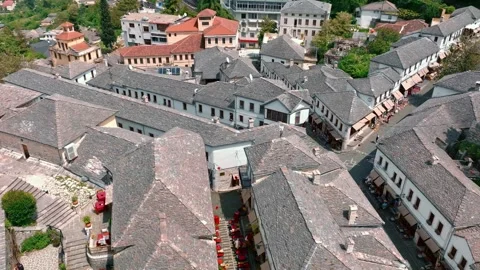Aerial drone view of old quarters of Gjirokastër, Albania. Stock Footage 243000939