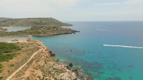 Aerial drone view of old tower, sea. Malta Stock Footage 246420218