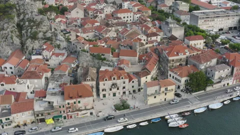 Aerial / Drone view of Old Town Omis, Croatia Видео 170878403