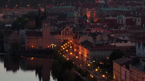Aerial drone view of the Old Town waterfront with a clock tower, baroque domes Stock Footage 336599767
