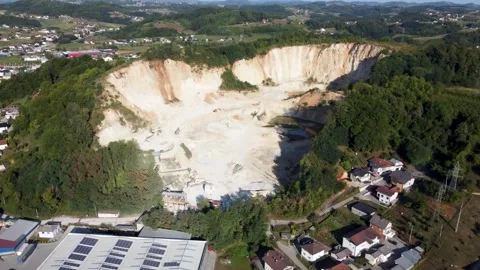 Aerial drone view of an open-pit quarry and gravel extraction site Stockbeeldmateriaal 341579744