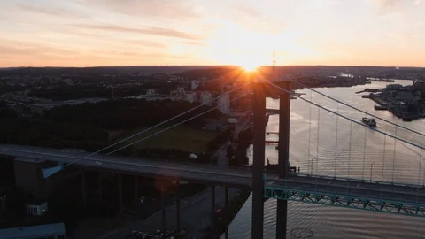 Aerial drone view over Älvsborg bridge in Gothenburg at sunset Vídeo Stock 109443624