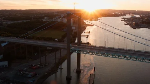 Aerial drone view over Älvsborg bridge in Gothenburg at sunset Stockbeeldmateriaal 109443836