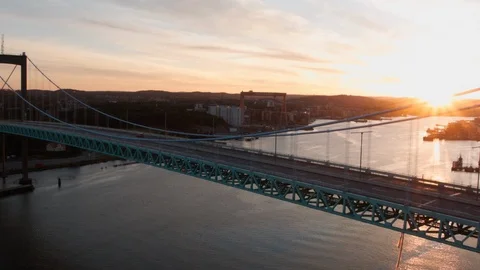 Aerial drone view over Älvsborg bridge in Gothenburg at sunset Vidéo 109443896