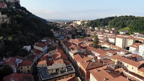 Aerial drone view over a big town in the mountains. Tuscany, Italy Stock Footage 114960992