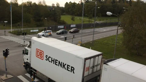 Aerial drone view over Cargo truck in Stockholm Stock Footage 109467012