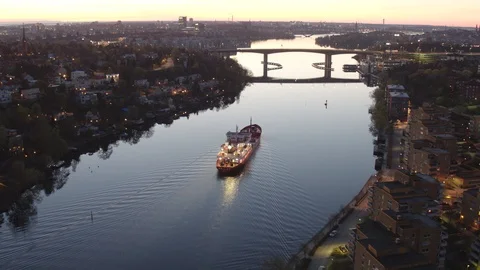 Aerial drone view over Cementa Heidelberg in Stockholm at sunset Stock Footage 109595707