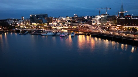 Aerial drone view over Central Station in Stockholm at night Vídeo Stock 109481056