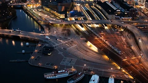 Aerial drone view over Central Station in Stockholm at night Stock-Footage 109481104