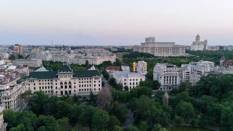 Aerial drone view over central Bucharest, showing the City Hall, Parliament Stock Footage 320948481