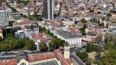 Aerial drone view over central Burgas, Bulgaria, featuring the railway station Stock Footage 344987934