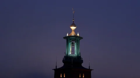 Aerial drone view over City hall tower in Stockholm Stock Footage 109525628