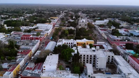 Aerial Drone View over Colonial Valladolid Town Square Yucatan Mexico Stock Footage 256157073