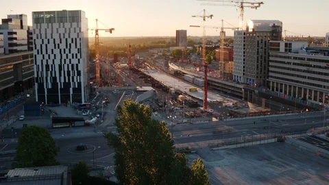 Aerial drone view over Construction site in Stockholm at sunset Vidéo 109597974