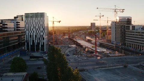 Aerial drone view over Construction site in Stockholm at sunset Vídeo Stock 109598512