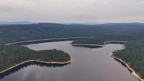 Aerial drone view over dense conifer forest surrounding winding lake with c.. Stock Photos