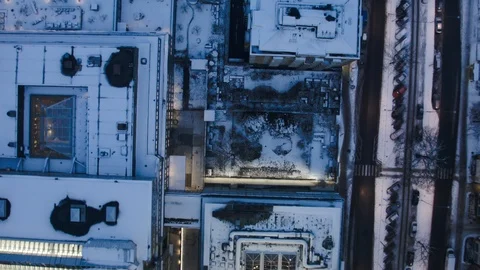 Aerial drone view over DN Newspaper building in Stockholm in winter at night Vídeo Stock 109484445