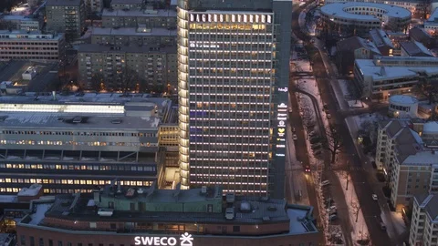 Aerial drone view over DN high rise in Stockholm at night Stock-Footage 111351876