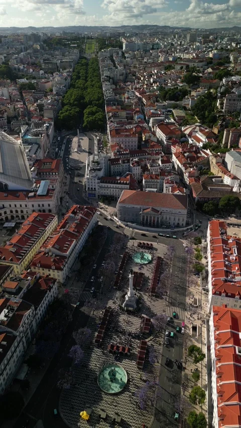Aerial drone view over the Dom Pedro IV Square also known as Rossio Square Stock Footage 275621567