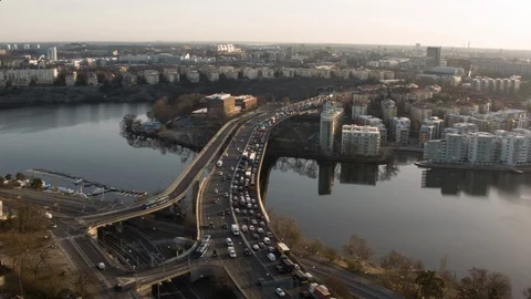 Aerial drone view over E4 Essinge highway in Stockholm at sunset Vídeo Stock 109434560