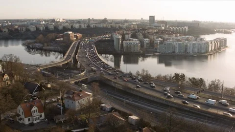 Aerial drone view over E4 Essinge highway in Stockholm at sunset Vídeos de archivo 109434567
