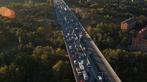 Aerial drone view over E4 Essingen highway in Stockholm Stock Footage 109466612