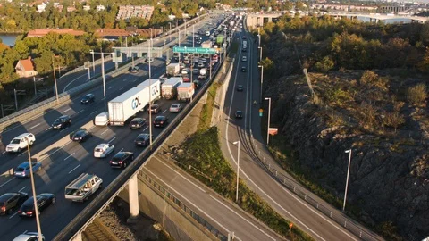 Aerial drone view over E4 Essingen highway in Stockholm Stock Footage 109466722