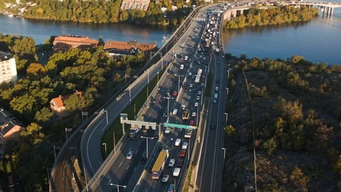 Aerial drone view over E4 Essingen highway in Stockholm Stock Footage 109466730
