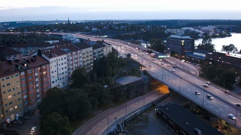 Aerial drone view over E4 highway in Stockholm at night Vídeo Stock 109467507