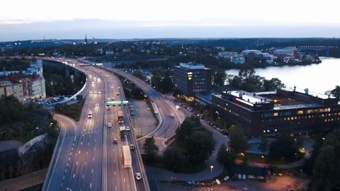 Aerial drone view over E4 highway in Stockholm at night Vídeo Stock 109467581
