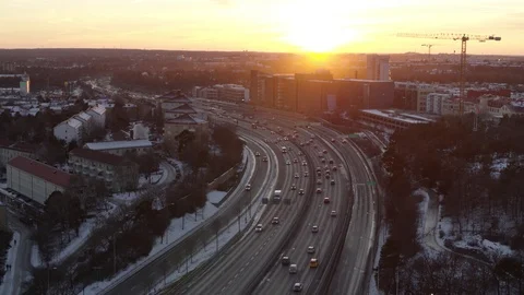 Aerial drone view over E4 in Stockholm at sunset Vídeos de archivo 111351949