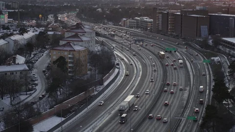 Aerial drone view over E4 in Stockholm at sunset Stock Footage 111351968