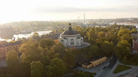 Aerial drone view over Eric Ericsson hall in Stockholm at sunset 動画素材 109504204