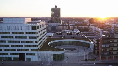 Aerial drone view over Ericsson Headquarters in Stockholm at sunset Vidéo 109540615