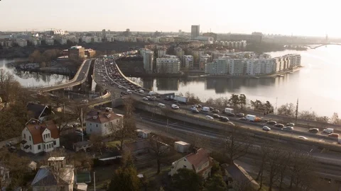Aerial drone view over Essinge highway in Stockholm Vídeo Stock 109434147
