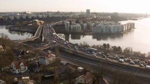 Aerial drone view over Essinge highway in Stockholm Vídeo Stock 109434387