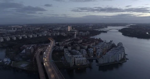 Aerial drone view over Essingen in Stockholm at night 動画素材 111350688